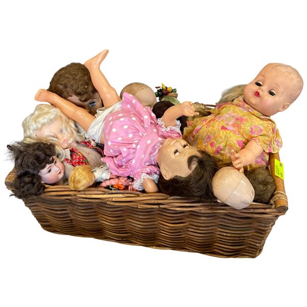 Basket Full of Vintage Dolls and Toys