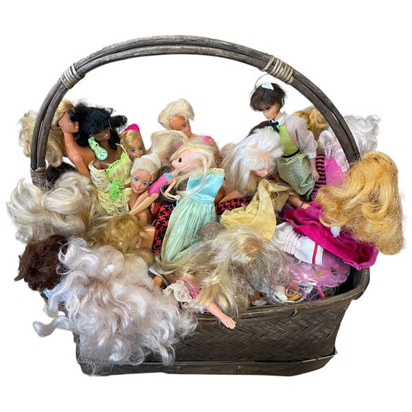 Basket Full of Vintage Barbie Dolls and Accessories