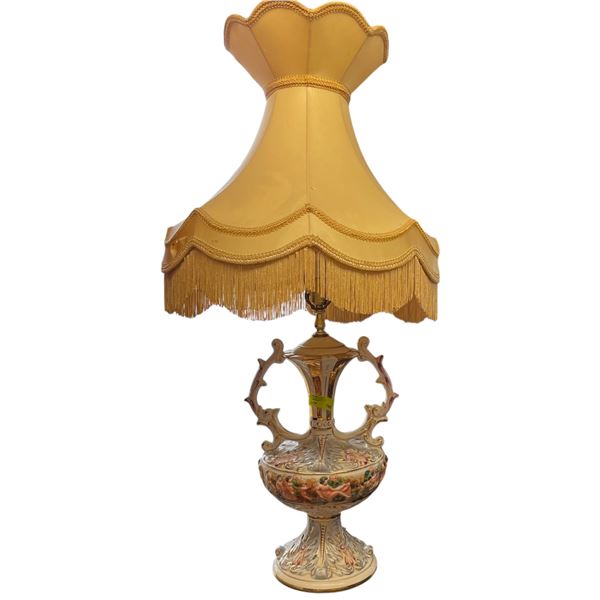 Vintage Ceramic Capodimonte Style Lamp Tassled Shade Mid 20th Century 40-Inch Tall