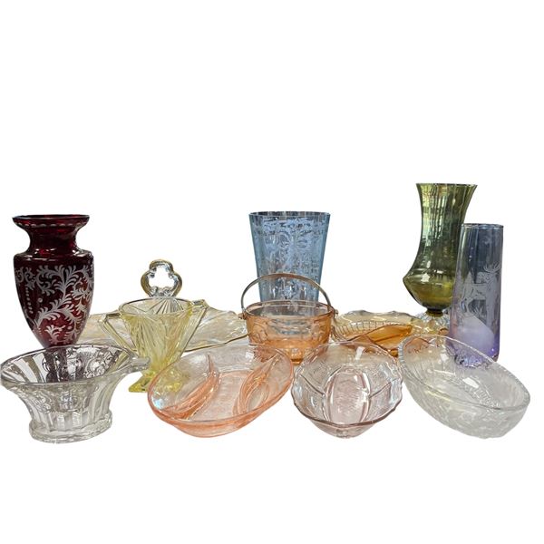 Collection of Various Decorative Glass Vases Depression Glass & More