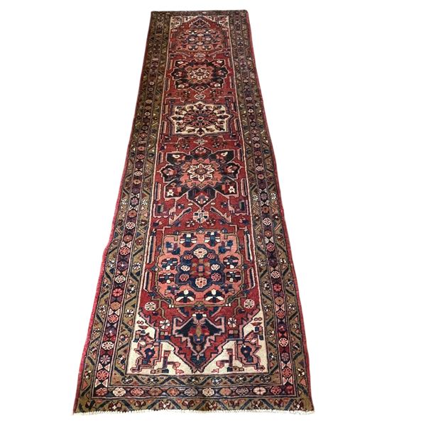 100% Hand Knotted Made In Iran Heris 11.2' x 3.4' Fluffy Low Pile Geometric Resistant Texture Wool R