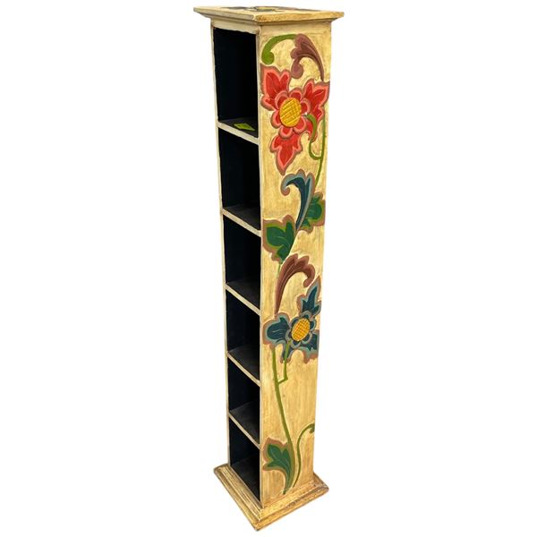 Contemporary Folk Art Floor Standing Bookcase Caved & Painted Floral Motif 8x7.5x45-Inch