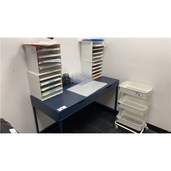 3 BLUE APPROX 52" X 24" DESKS, 4 DRAWER BLACK VERTICAL FILING CABINET, DIGITAL CHECK EXPRESS CX30