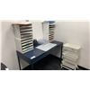 Image 1 : 3 BLUE APPROX 52" X 24" DESKS, 4 DRAWER BLACK VERTICAL FILING CABINET, DIGITAL CHECK EXPRESS CX30