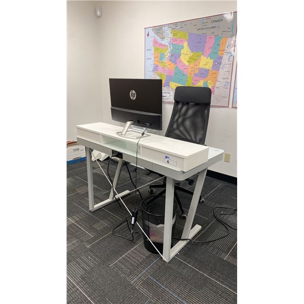 GLASS TOP WHITE DESK/WORKSTATION WITH 25" HP MONITOR, MOBILE OFFICE CHAIR & WIRELESS KEYBOARD