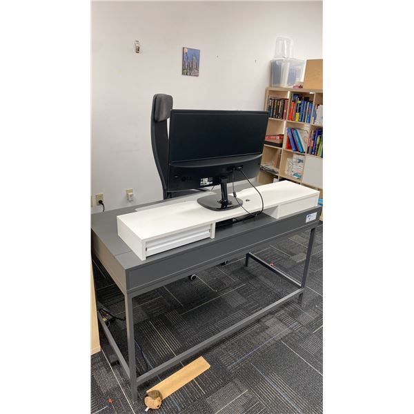 GREY DESK WITH 27" LG MONITOR & MOBILE OFFICE CHAIR