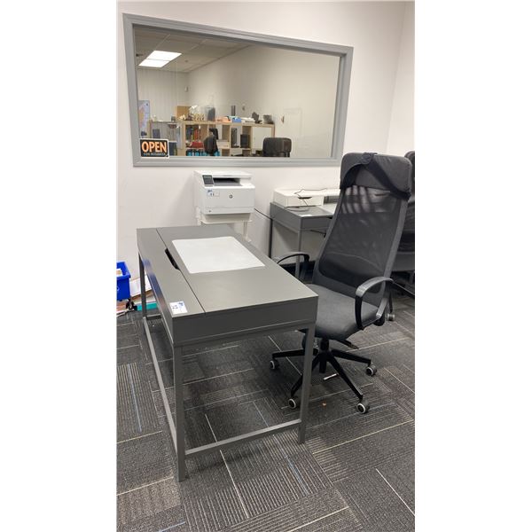 GREY OFFICE DESK APPROX 52" X 24" X 30" WITH MOBILE OFFICE CHAIR