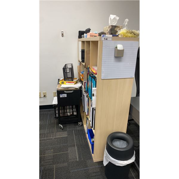 2 WOODEN BOOK SHELVES APPROX 58" X 15.5" X 58"H, ASSORTED POWER BARS, MOBILE FILING CART