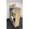 Image 2 : 2 WOODEN BOOK SHELVES APPROX 58" X 15.5" X 58"H, ASSORTED POWER BARS, MOBILE FILING CART