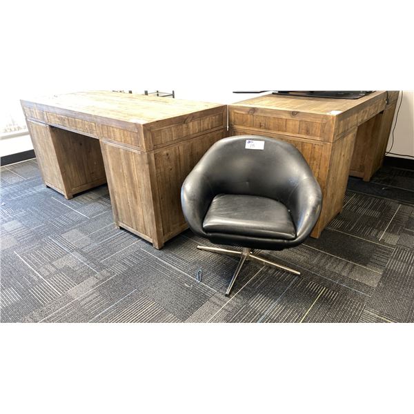 PAIR OF RUSTIC WOOD OFFICE DESKS APPROX 62"L X 28"D X 31"H, 4 DRAWER FILING CABINET, PAIR OF BLACK
