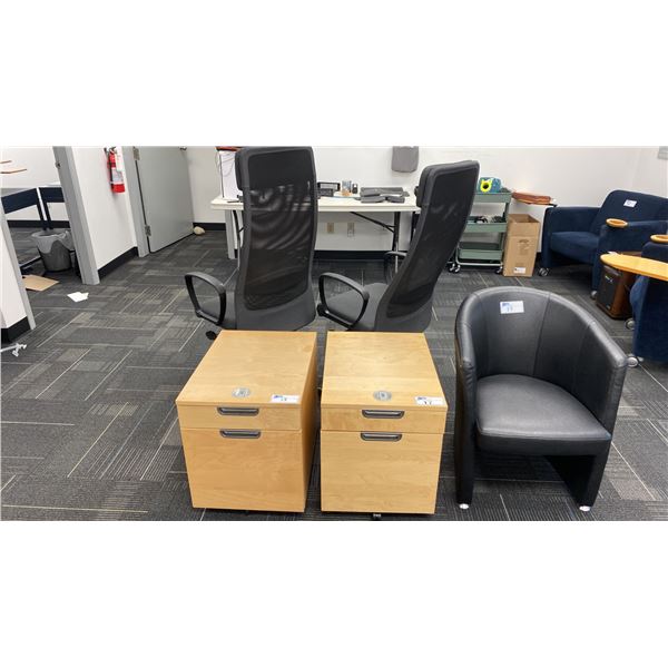 PAIR OF WOODEN MOBILE LOCKING PEDESTALS, 2 MOBILE OFFICE CHAIRS & PADDED OFFICE CHAIR