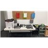 Image 2 : PLASTIC FOLDING TABLE WITH OFFICE CONTENTS- HEATERS, WIRELESS KEYBOARDS, PHOTOGRAPHY SHOTBOX,