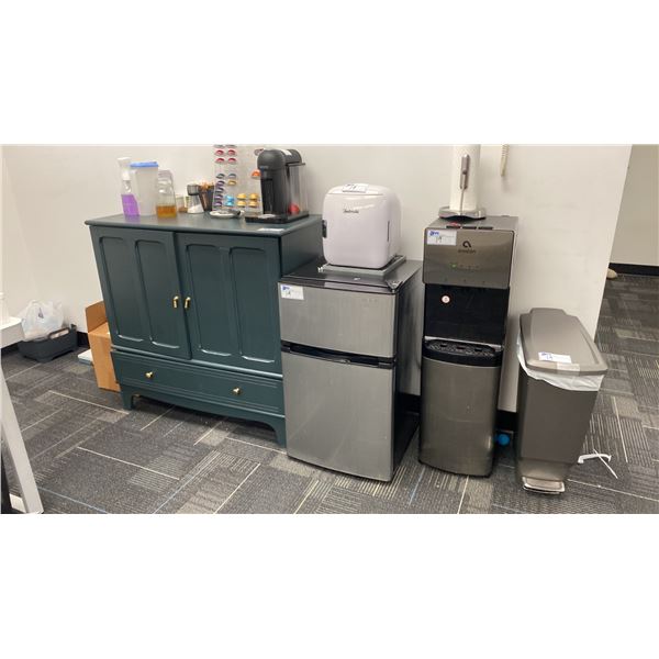 NESPRESSO MACHINE, INSIGNIA MINI FRIDGE, ASTRO MINI FRIDGE, AVALON WATER DISPENSER, GREEN WOODEN