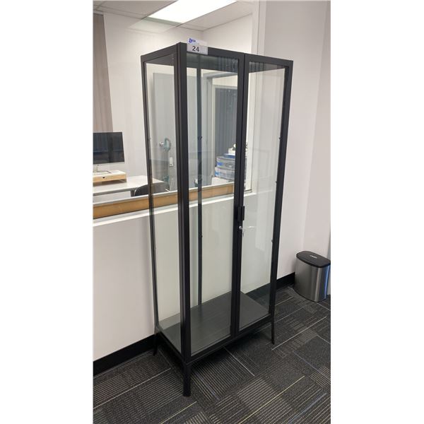 2 DOOR BLACK METAL/GLASS LOCKING CABINET WITH KEYS APPROX 27"W X 15"D X 69"H