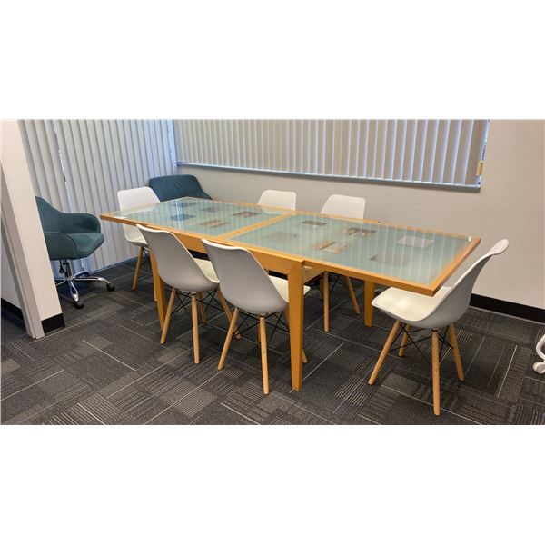 WOODEN GLASS TOP BOARDROOM TABLE WITH 2 GREEN MOBILE PADDED OFFICE CHAIRS & 5 WHITE CHAIRS