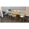 Image 1 : WOODEN GLASS TOP BOARDROOM TABLE WITH 2 GREEN MOBILE PADDED OFFICE CHAIRS & 5 WHITE CHAIRS