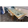 Image 2 : WOODEN GLASS TOP BOARDROOM TABLE WITH 2 GREEN MOBILE PADDED OFFICE CHAIRS & 5 WHITE CHAIRS
