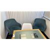 Image 3 : WOODEN GLASS TOP BOARDROOM TABLE WITH 2 GREEN MOBILE PADDED OFFICE CHAIRS & 5 WHITE CHAIRS