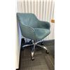 Image 4 : WOODEN GLASS TOP BOARDROOM TABLE WITH 2 GREEN MOBILE PADDED OFFICE CHAIRS & 5 WHITE CHAIRS
