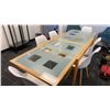 Image 5 : WOODEN GLASS TOP BOARDROOM TABLE WITH 2 GREEN MOBILE PADDED OFFICE CHAIRS & 5 WHITE CHAIRS