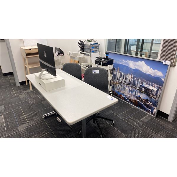 CONTENTS OF OFFICE- DESK, MONITOR, MOBILE 3 TIER CARTS, ARTWORK, 2 MOBILE OFFICE CHAIRS,