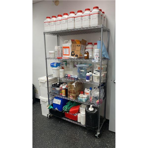 MOBILE 5 TIER METRO RACK WITH ASSORTED GROW INDUSTRY CHEMICALS & 2 WHITE STORAGE BINS