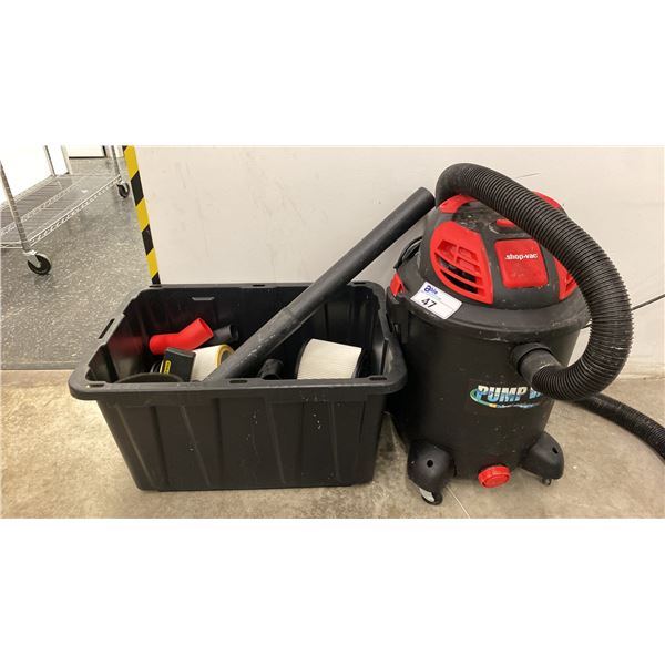 PUMP VAC SHOP VAC WITH BIN OF ASSORTED FILTERS & SHOP VAC ATTACHMENTS