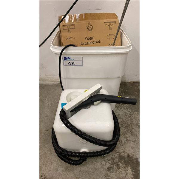 DUPRAY STEAM CLEANER WITH BIN OF ASSORTED ATTACHMENTS