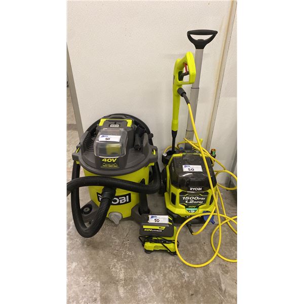 RYOBI 1500 CORDLESS PRESSURE WASHER, RYOBI CORDLESS WET/DRY SHOP VAC WITH 2 BATTERIES & CHARGER