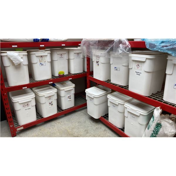 LARGE GROUP OF ASSORTED WHITE PLASTIC BINS OF COMMERCIAL GROW CHEMICALS & ASSORTED BARRELS