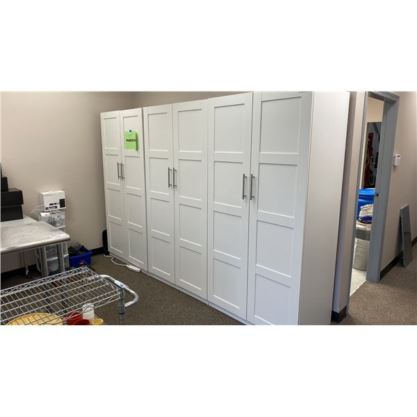 3 WHITE 2 DOOR STORAGE CABINETS- EACH MEASURES APPROX 39"W X 24"D X 79"H