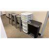 Image 1 : 3 METAL STACKABLE STOOLS, 2 WHITE PLASTIC STORAGE ORGANIZERS & GARBAGE CAN