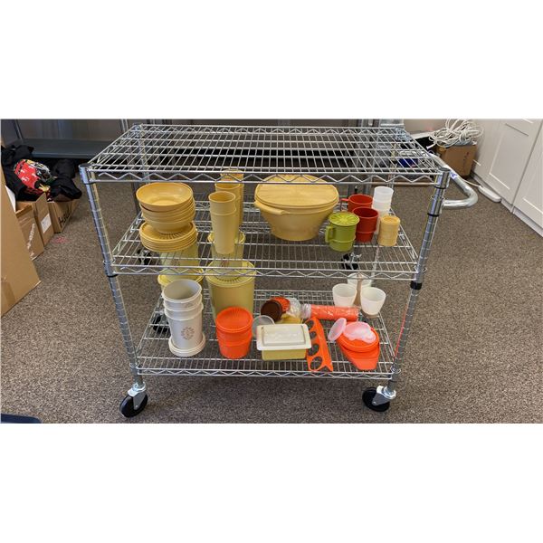 3 TIER MOBILE METRO STYLE CART WITH ASSORTED VINTAGE TUPPERWARE