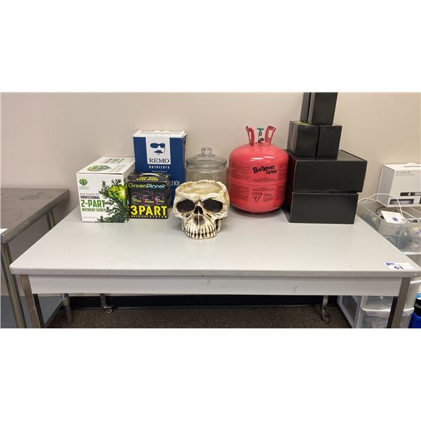 MOBILE TABLE WITH CONTENTS- GROW CHEMICALS, SKULL BOWL DECORATION, EMPTY HELIUM TANK *TABLE HAS