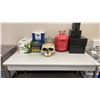 Image 1 : MOBILE TABLE WITH CONTENTS- GROW CHEMICALS, SKULL BOWL DECORATION, EMPTY HELIUM TANK *TABLE HAS