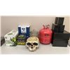 Image 3 : MOBILE TABLE WITH CONTENTS- GROW CHEMICALS, SKULL BOWL DECORATION, EMPTY HELIUM TANK *TABLE HAS