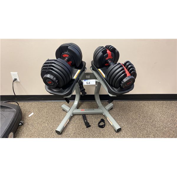 PAIR OF BOWFLEX ADJUSTABLE DUMBBELLS WITH STAND