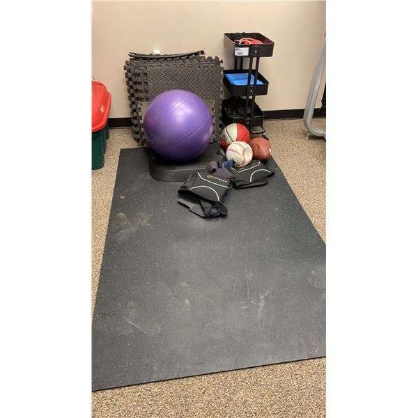GROUP OF ASSORTED EXERCISE EQUIPMENT, GYM MATS, LIFTING BELTS, BALLS & MORE