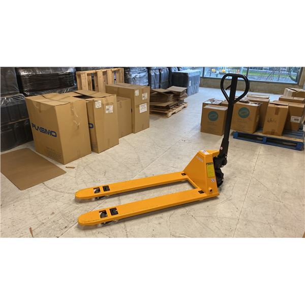 ULINE H-1780 YELLOW LOW PROFILE NARROW PALLET JACK 3300LB CAPACITY