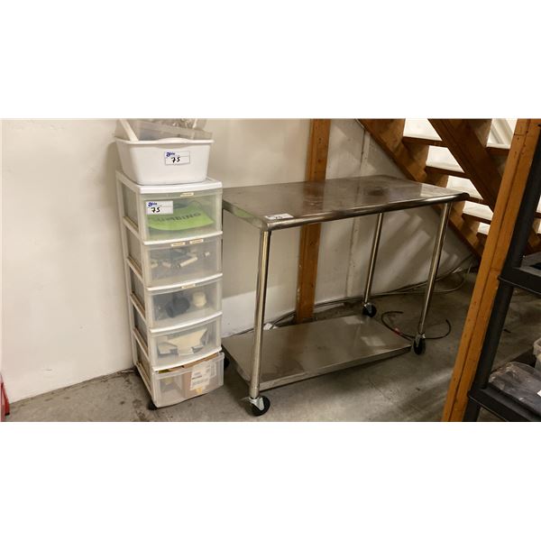 STAINLESS STEEL PREP TABLE * NEEDS REPAIR* & 5 DRAWER PLASTIC STORAGE UNIT WITH ASSORTED CONTENTS