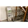 Image 1 : STAINLESS STEEL PREP TABLE * NEEDS REPAIR* & 5 DRAWER PLASTIC STORAGE UNIT WITH ASSORTED CONTENTS
