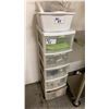 Image 2 : STAINLESS STEEL PREP TABLE * NEEDS REPAIR* & 5 DRAWER PLASTIC STORAGE UNIT WITH ASSORTED CONTENTS