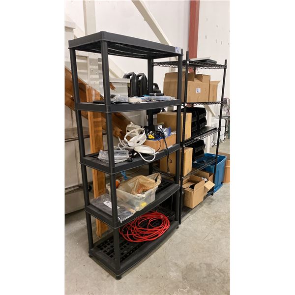 2 BLACK 5 TIER SHELVING UNITS WITH ASSORTED CONTENTS- STORAGE BINS, ELECTRICAL CORDS, GROW