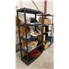 Image 1 : 2 BLACK 5 TIER SHELVING UNITS WITH ASSORTED CONTENTS- STORAGE BINS, ELECTRICAL CORDS, GROW