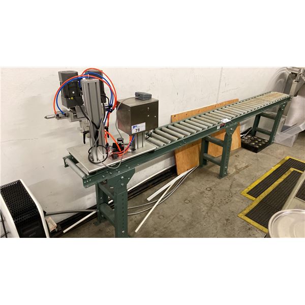TABLE TOP COMMERCIAL CAPPING MACHINE & GREEN ADJUSTABLE HEIGHT MATERIAL ROLLER APPROX 120"L X 1"D