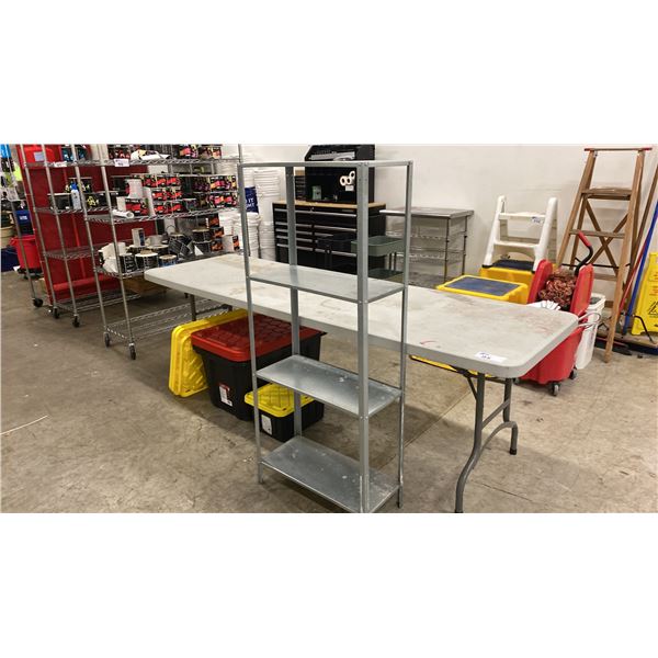 8' GREY FOLDING TABLE, 4 TIER METAL SHELF & 2 STORAGE BINS WITH ADDITIONAL LIDS