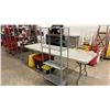 Image 1 : 8' GREY FOLDING TABLE, 4 TIER METAL SHELF & 2 STORAGE BINS WITH ADDITIONAL LIDS