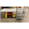 Image 2 : 8' GREY FOLDING TABLE, 4 TIER METAL SHELF & 2 STORAGE BINS WITH ADDITIONAL LIDS