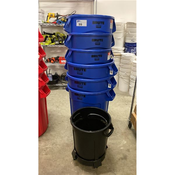 6 BLUE RUBBERMAID BRUTE GARBAGE CANS & SMALL BLACK GARBAGE CAN ON MOBILE DOLLY