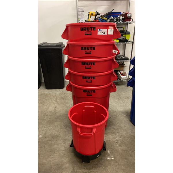 5 RED RUBBERMAID BRUTE GARBAGE CANS & SMALL RED GARBAGE CAN ON MOBILE DOLLY